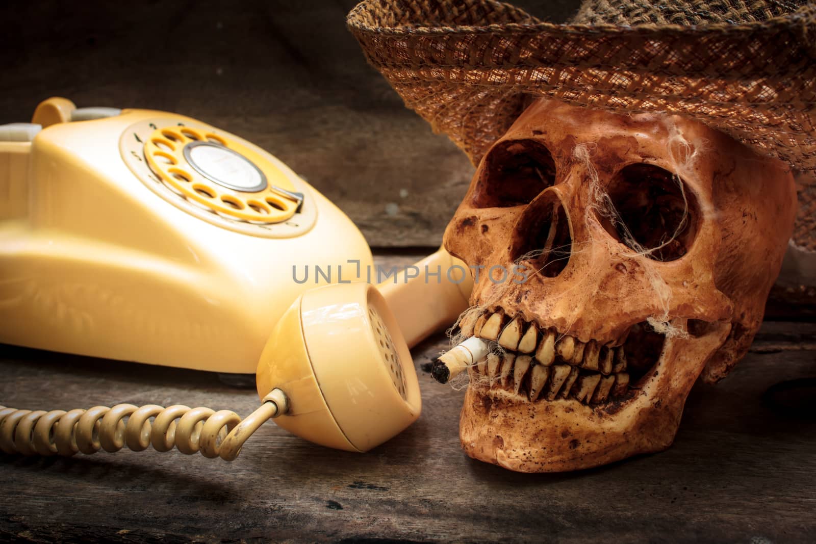 Skull with cigarette, and old wood background.