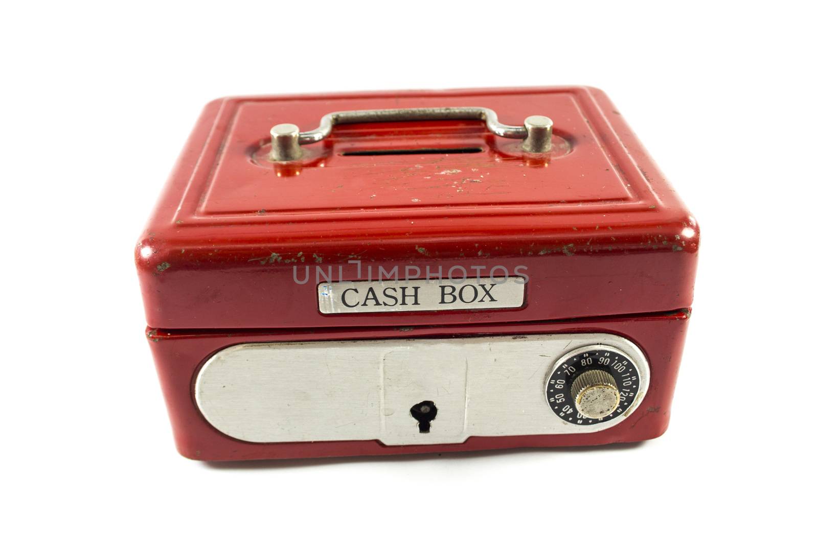 Red cash box on white background.