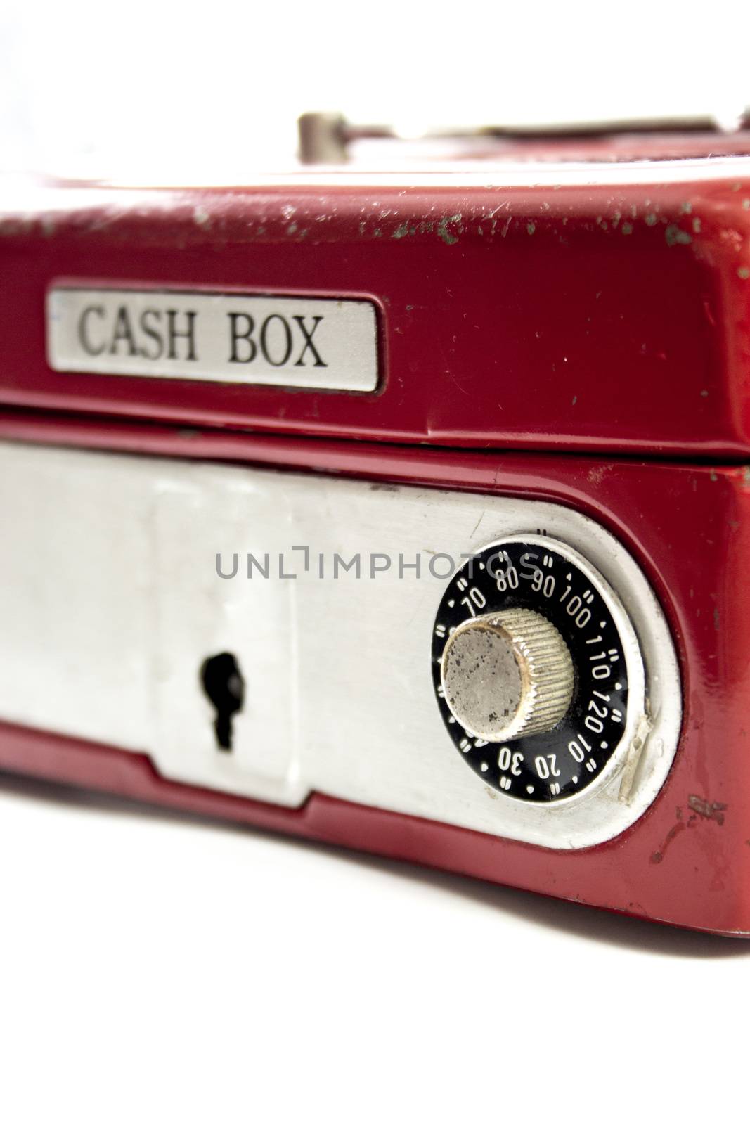 Red cash box on white background.