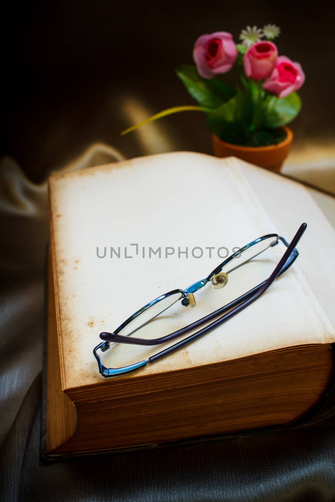 old book and glasses in vintage style.