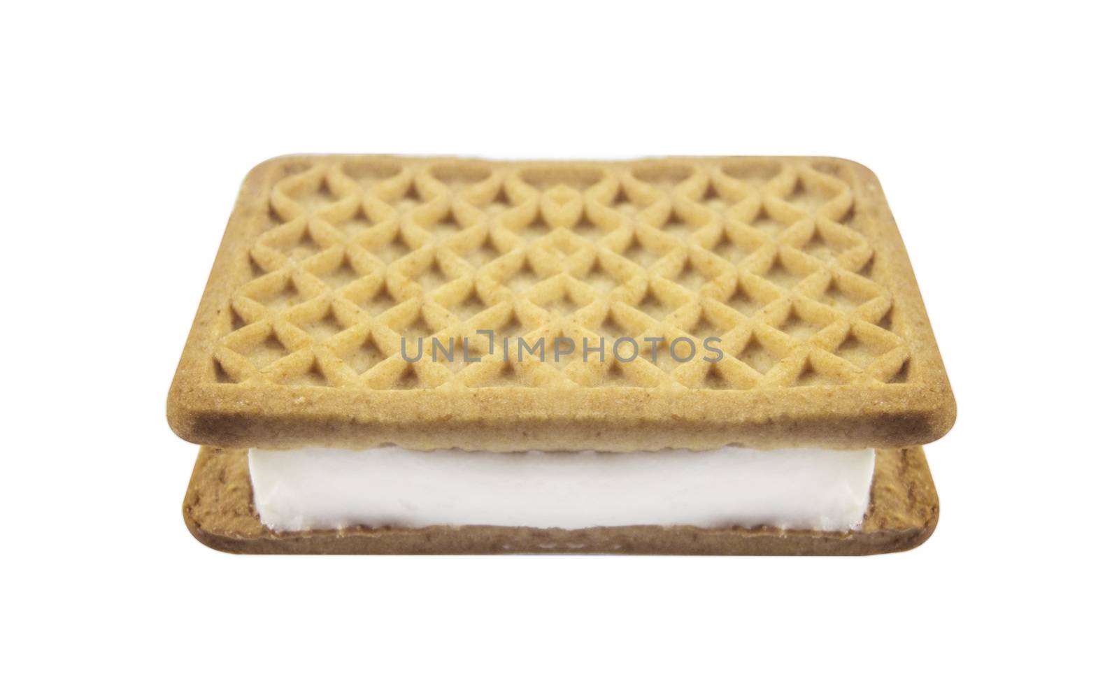 Vanilla and cookie ice cream sandwich bar on white background.