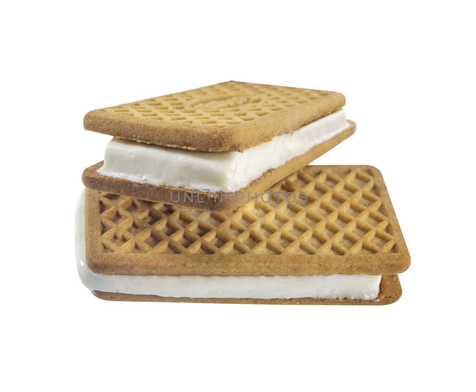 Vanilla and cookie ice cream sandwich bar on white background.