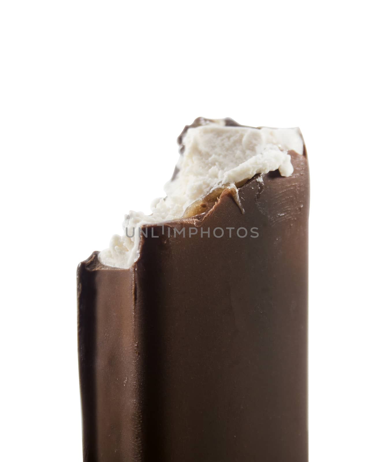 bite ice cream covered with chocolate isolated on white background