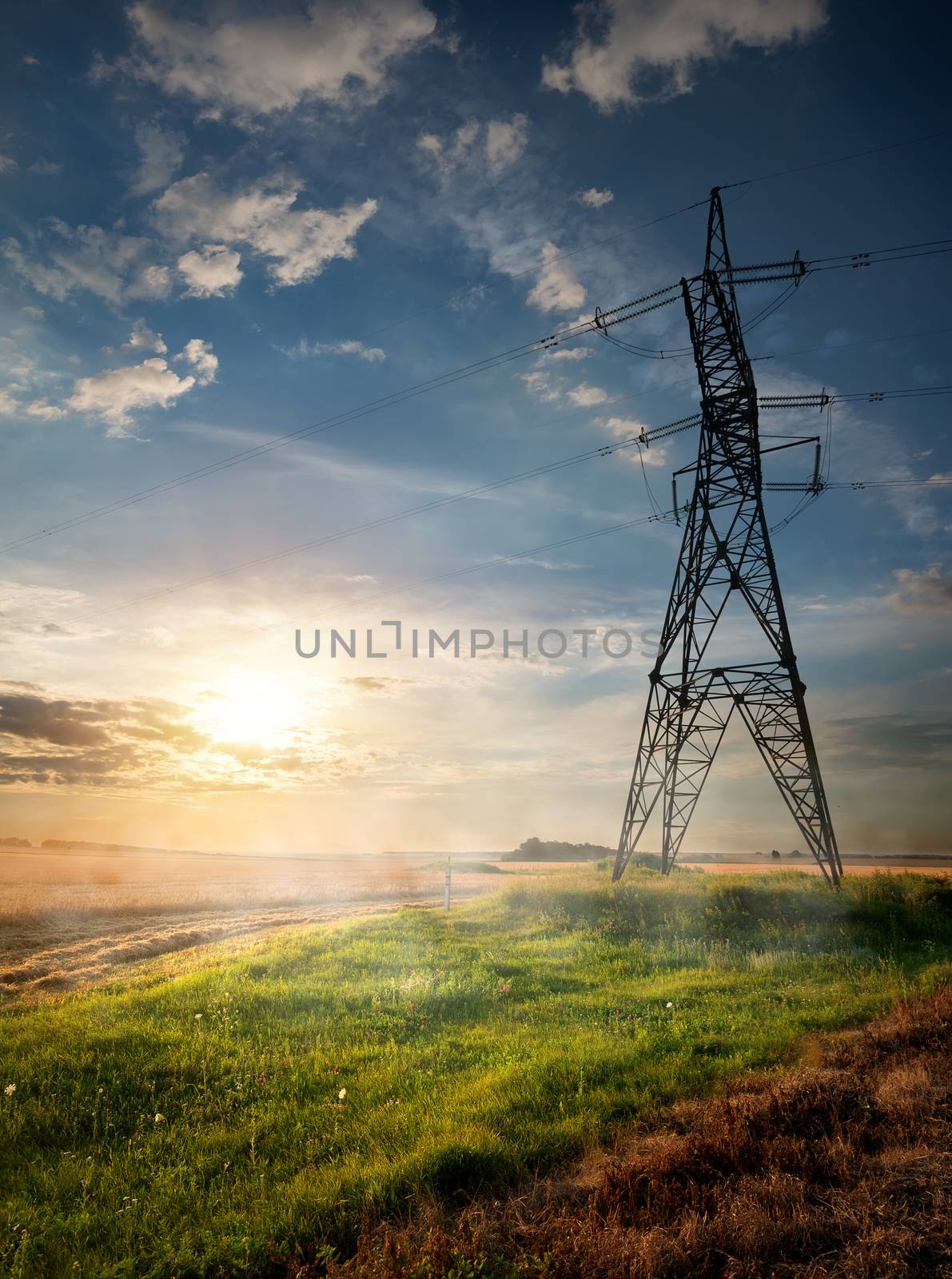 Electric pole and autumn field at sunrise