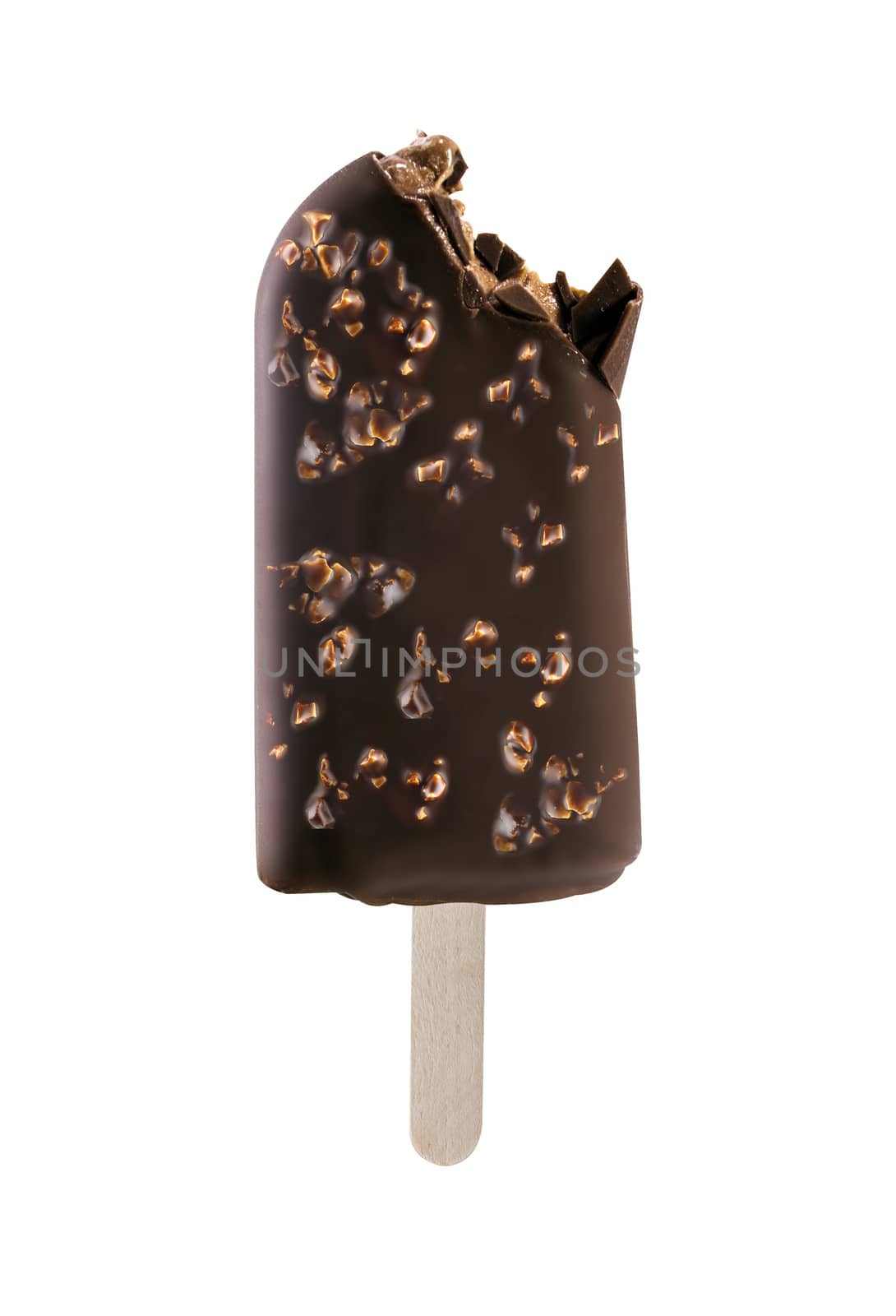 bite ice cream covered with chocolate isolated on white background