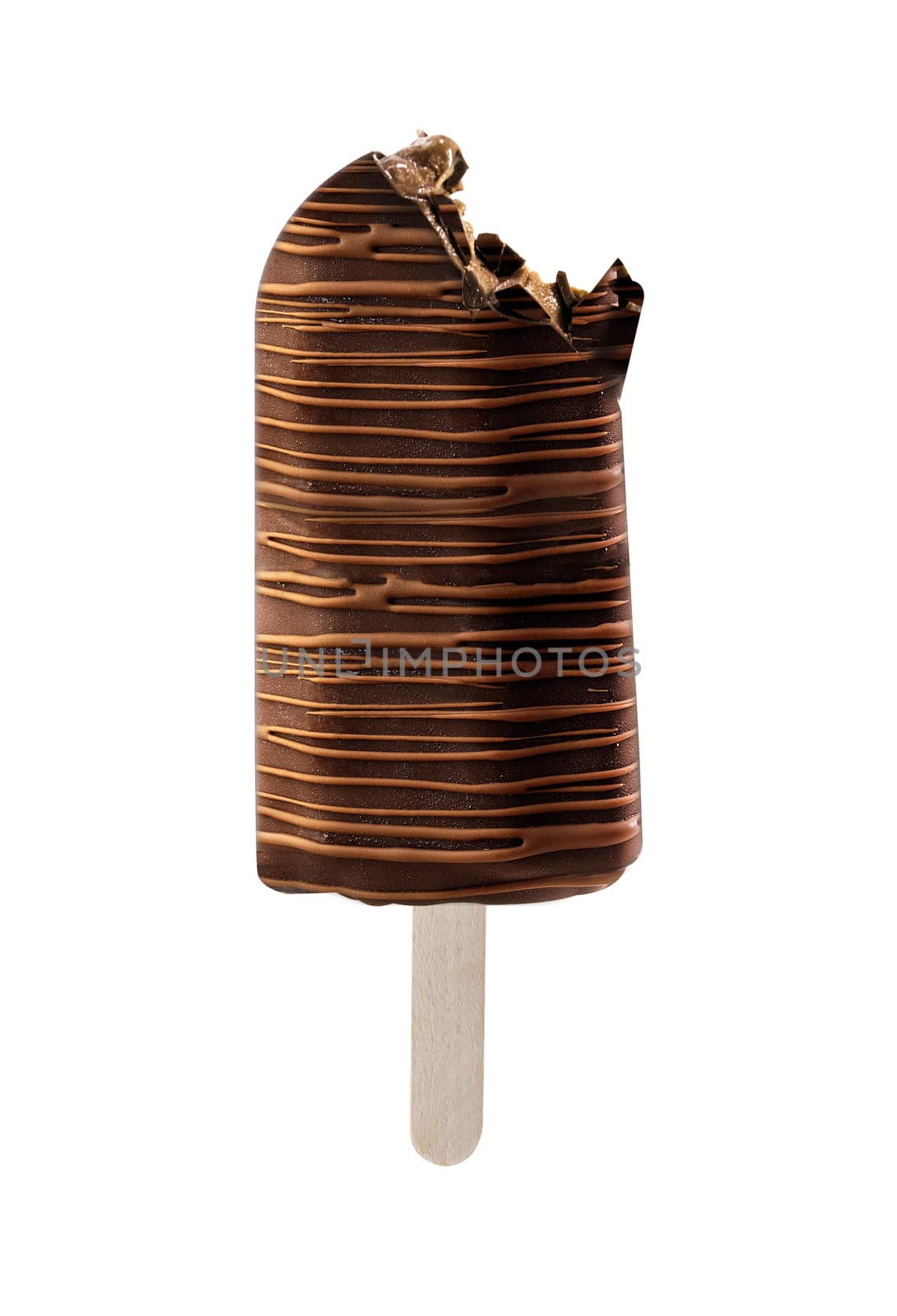 bite ice cream covered with chocolate isolated on white background