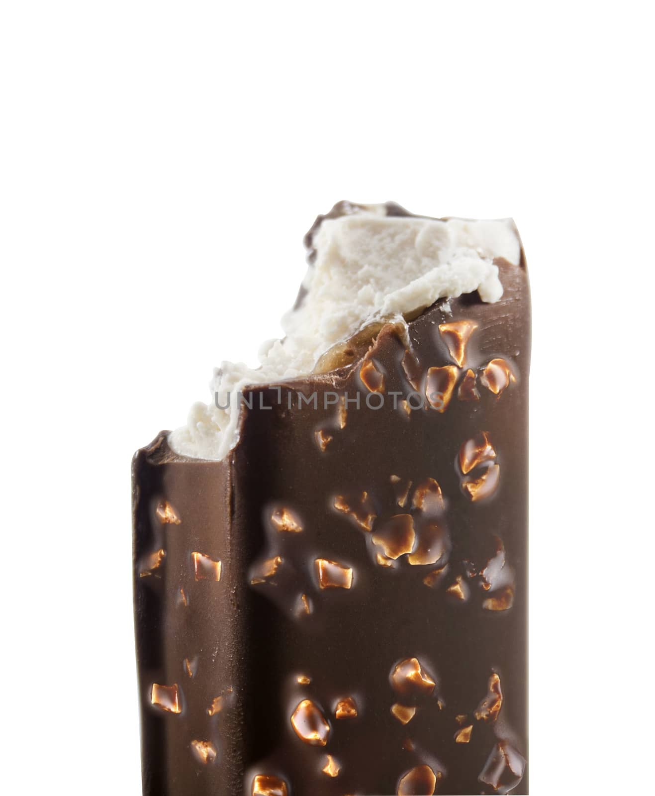 bite ice cream covered with chocolate isolated on white background