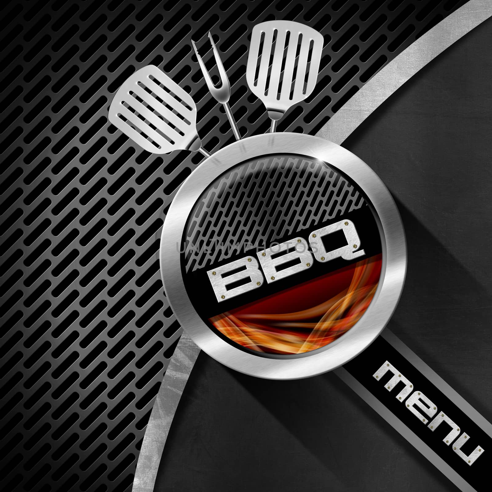 Bbq menu design with metallic round barbecue symbol with metallic grill and flames, on dark metal background with grill and kitchen utensils