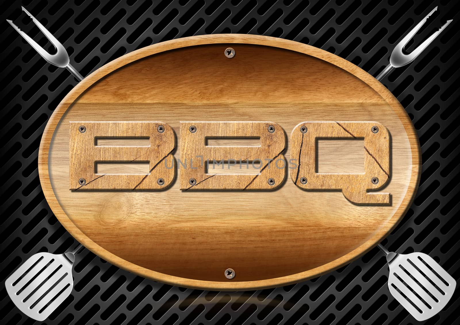 Oval wooden signboard with written Bbq (barbecue) and kitchen utensils on a dark metallic grill