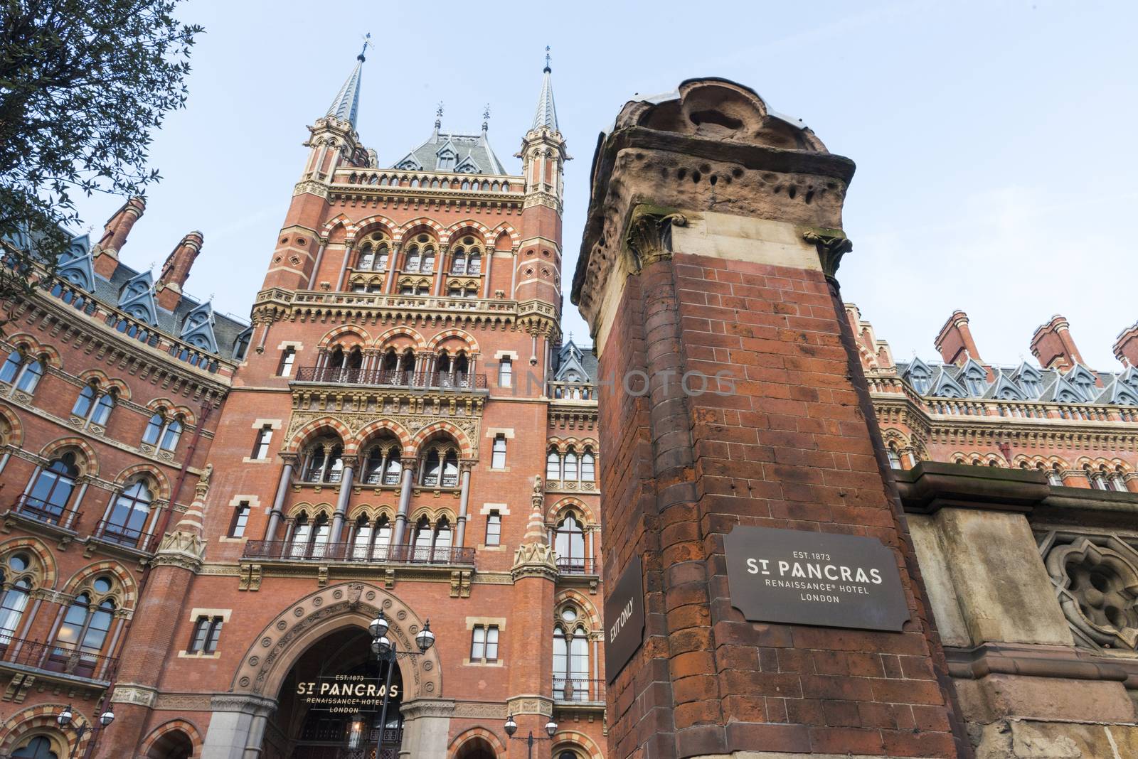 LONDON, UK - NOVEMBER 20: Facade of the St. Pancras Renaissance Hotel. November 20, 2014 in London. Formerly used as railway offices, the hotel was redeveloped and reopened in 2011.