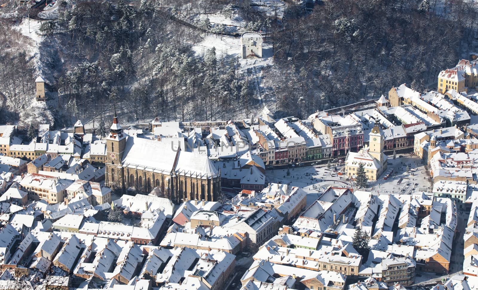 Brasov old city panoramic aerial view, Romania