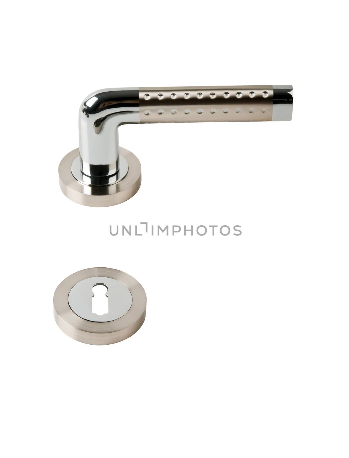 door handle and keyhole isolated on white background, bottom view studio shot