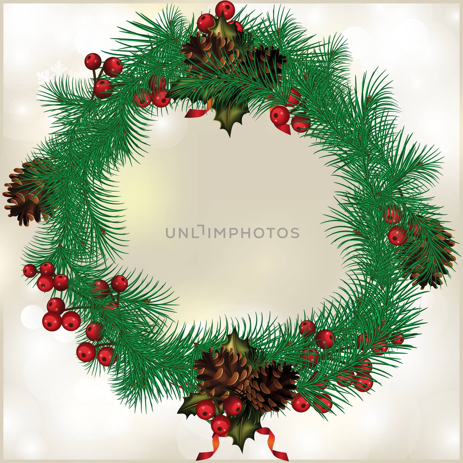 Christmas wreath with fir cones, with the words Merry Christmas in the center