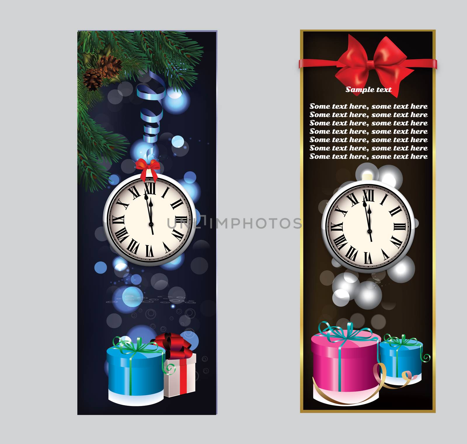 New Year greeting with a clock in the middle of the booklet, gift wrapping and spruce branches. The text