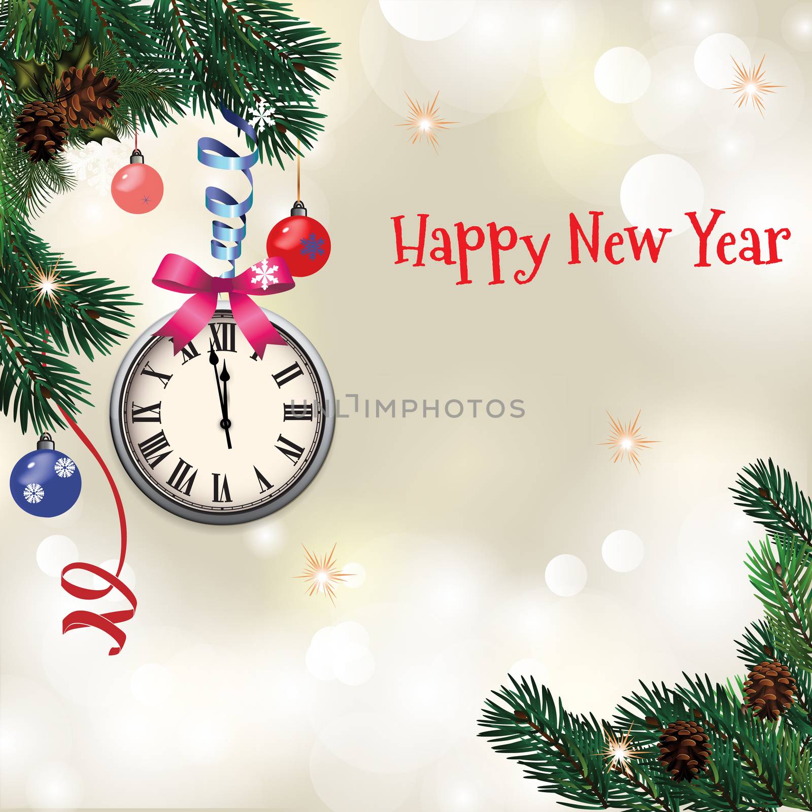 Christmas and New Year greeting card with fir branches, a clock and a sparkler. With congratulatory text