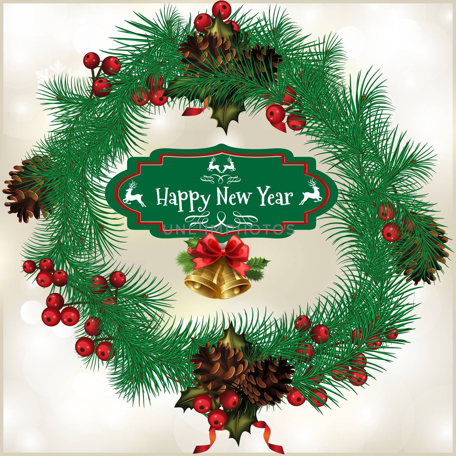 Christmas wreath with fir cones, with the words Merry Christmas in the center