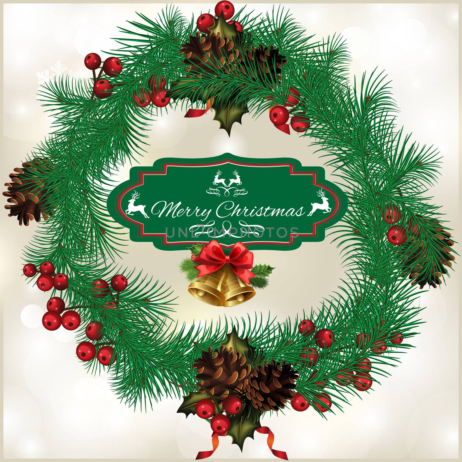 Christmas wreath with fir cones, with the words Merry Christmas in the center