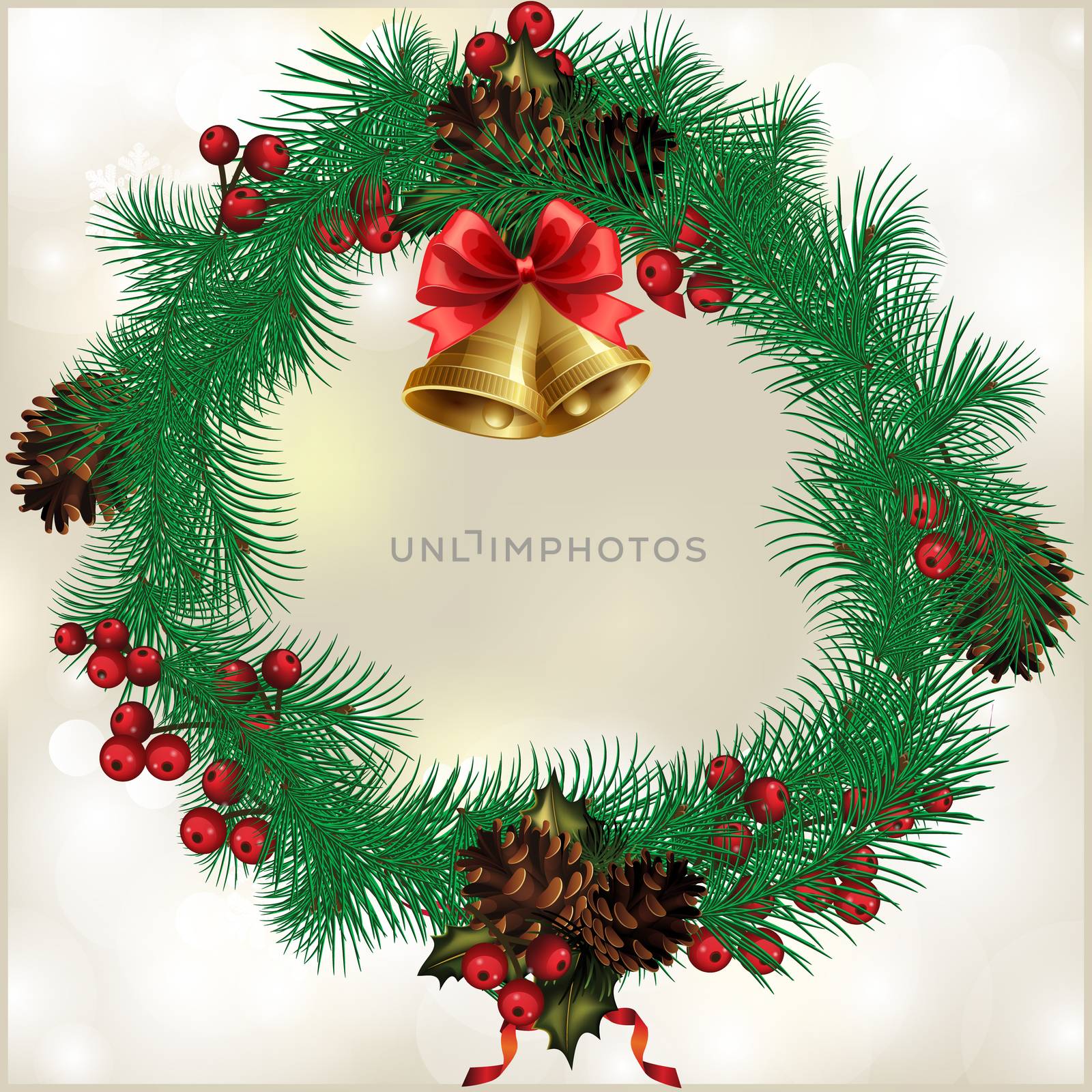 Christmas wreath with fir cones, with the words Merry Christmas in the center