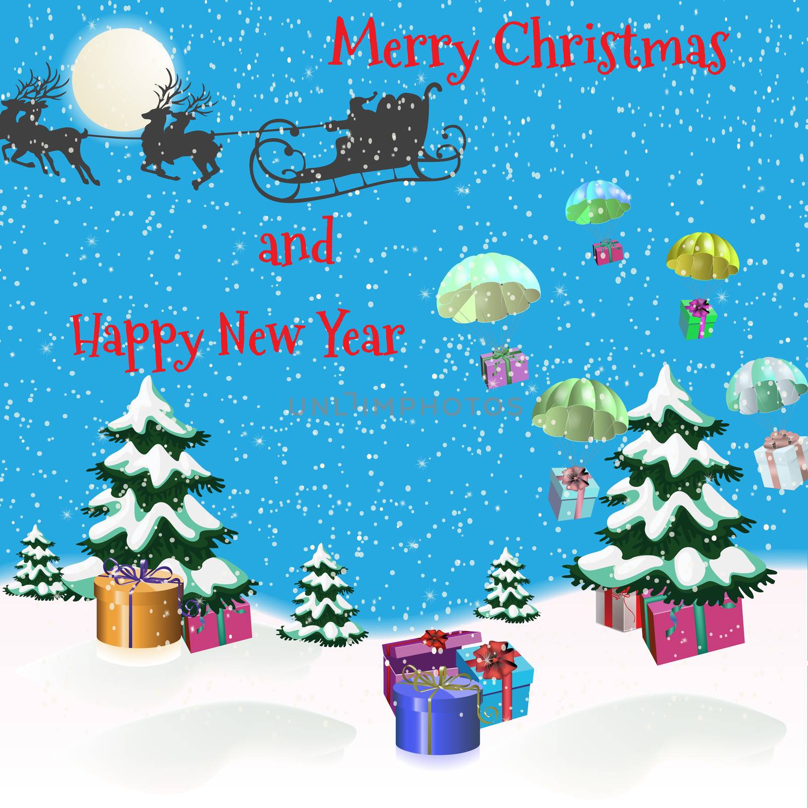 Christmas picture with Christmas trees, Santa Claus and gifts and greeting text