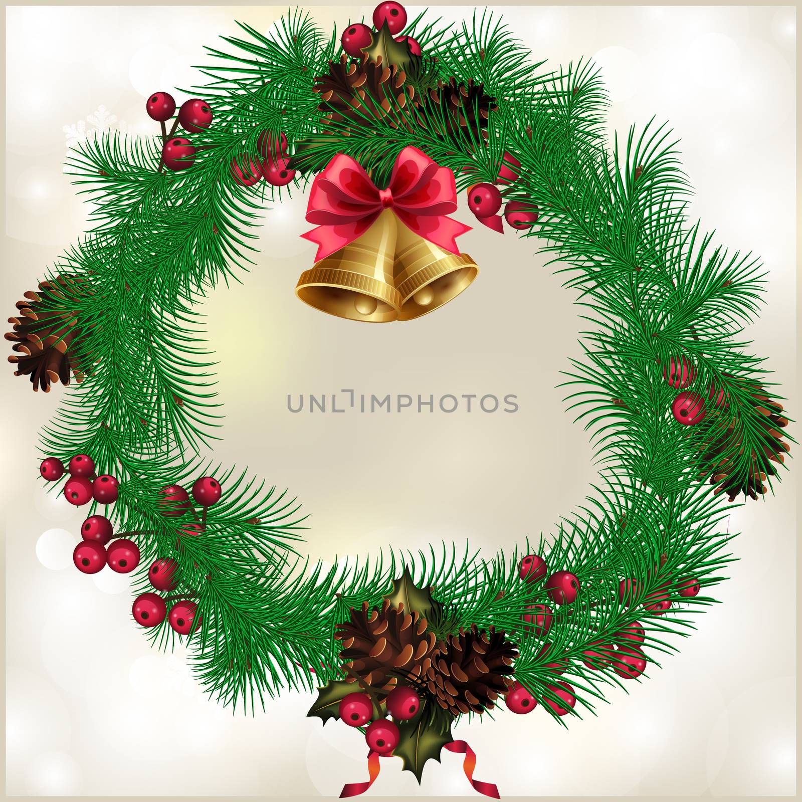 Christmas wreath with fir cones, with the words Merry Christmas in the center
