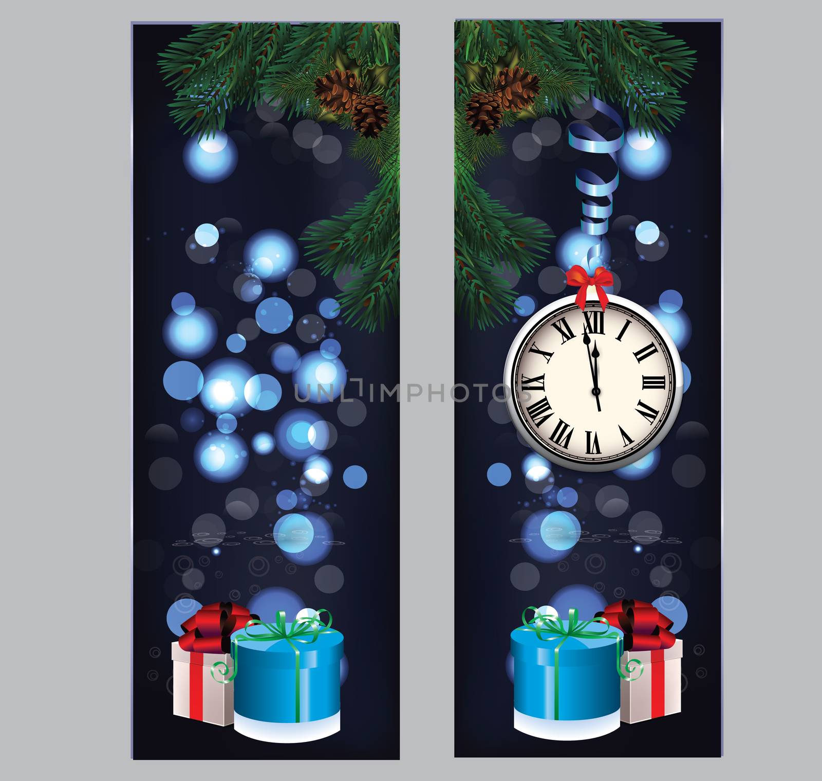 New Year greeting with a clock in the middle of the booklet, gift wrapping and spruce branches