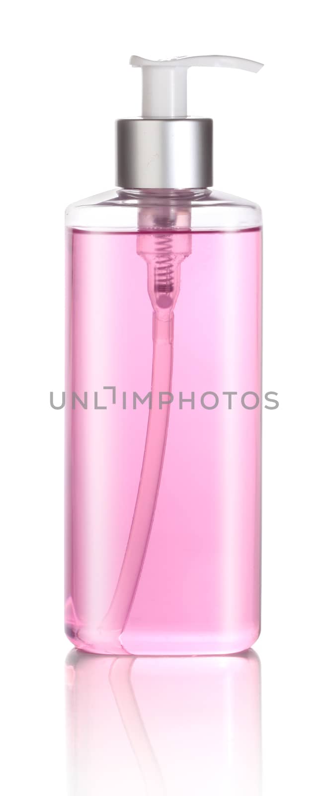 Pink liquid soap or shampoo isolated on white background