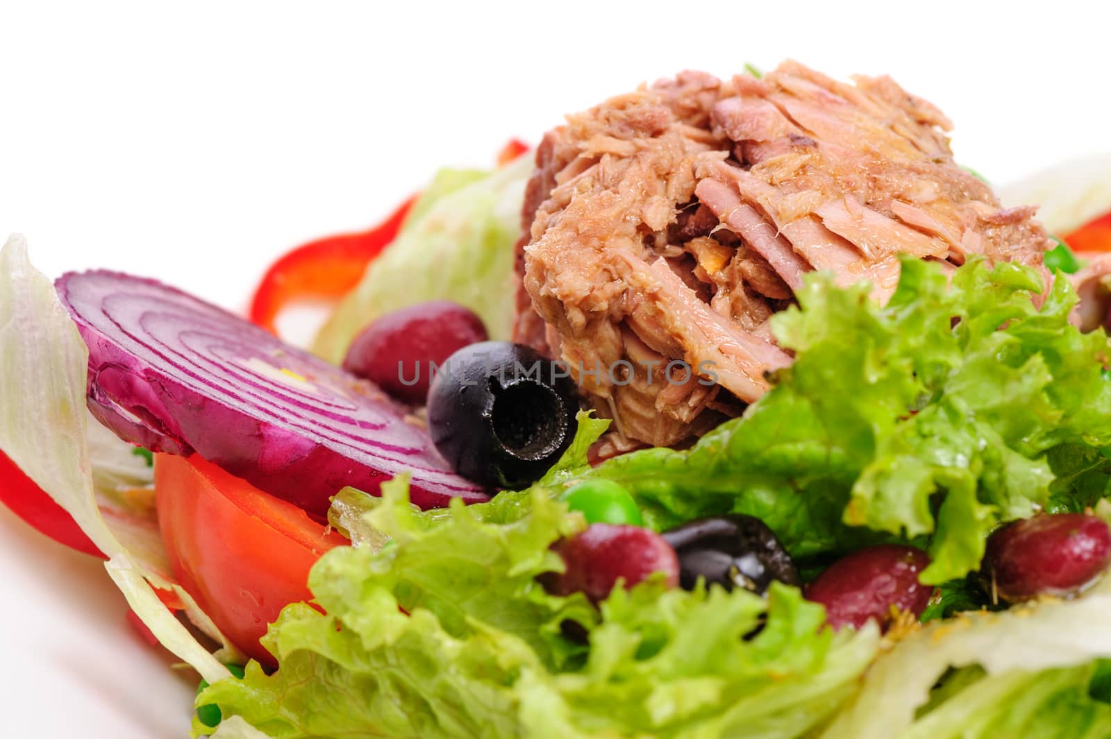 Tuna salad with lettuce, onion, red beans, tomato, green peas and other vegetables