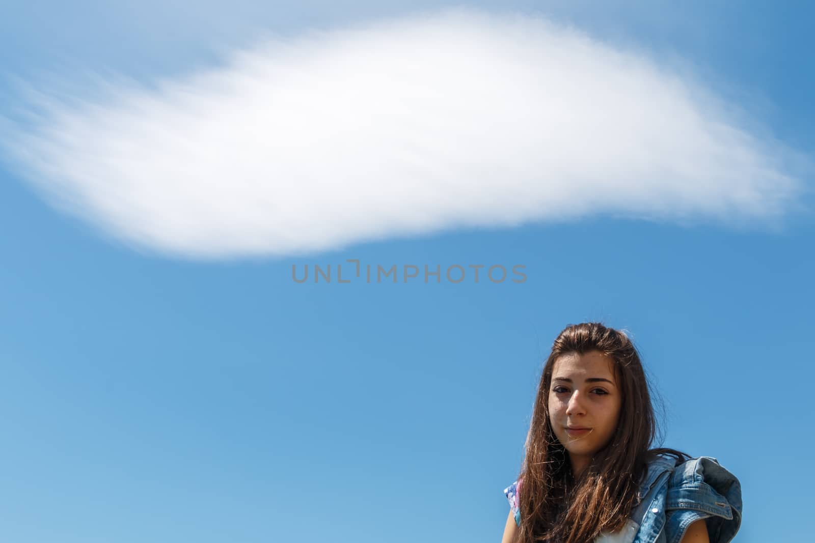 Girl with cloud on the head that thinks