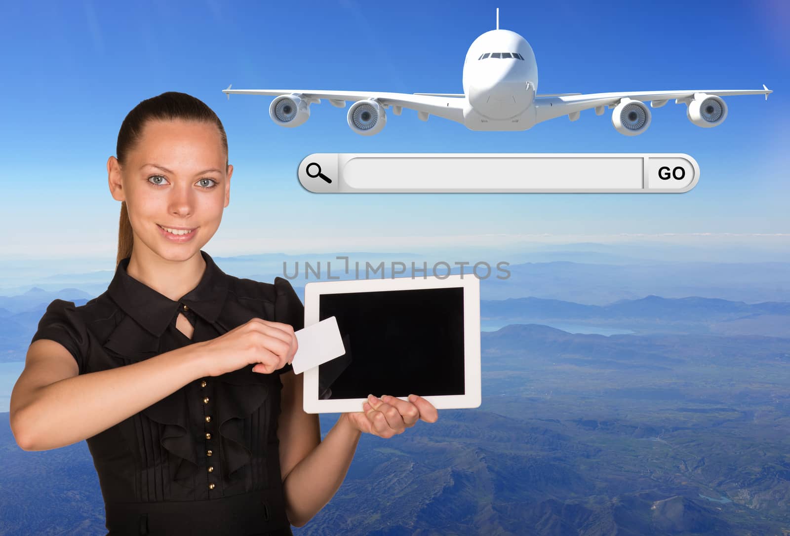 Beautiful businesswoman holding tablet PC. Beside are jet airplane and search bar with Go button by cherezoff