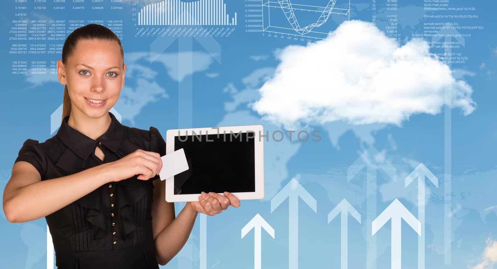 Beautiful businesswoman holding tablet PC. World map, clouds, vertical arrows and hi-tech graphs with various data as backdrop by cherezoff