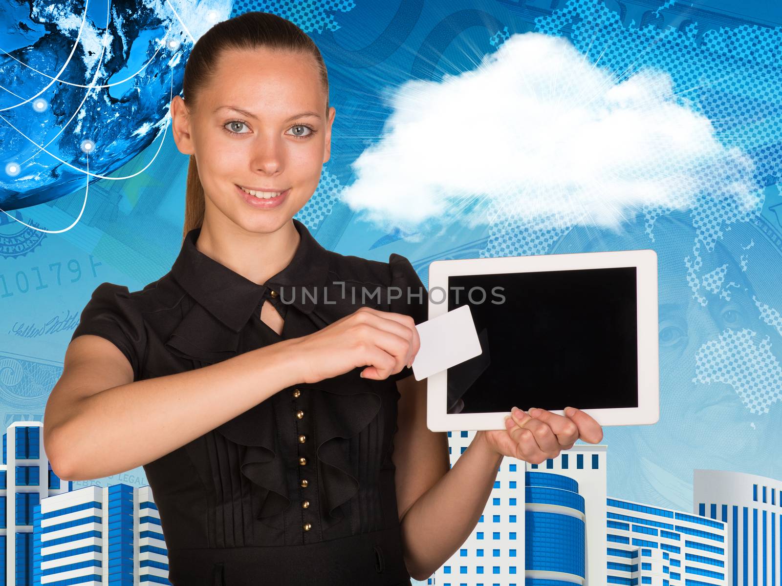Beautiful businesswoman holding blank tablet PC and blank business card in front of PC screen. Globe with conventional communication lines, world map, buildings, cloud and enlarged. One hundred dollar bill as backdrop. Elements of this image furnished by NASA