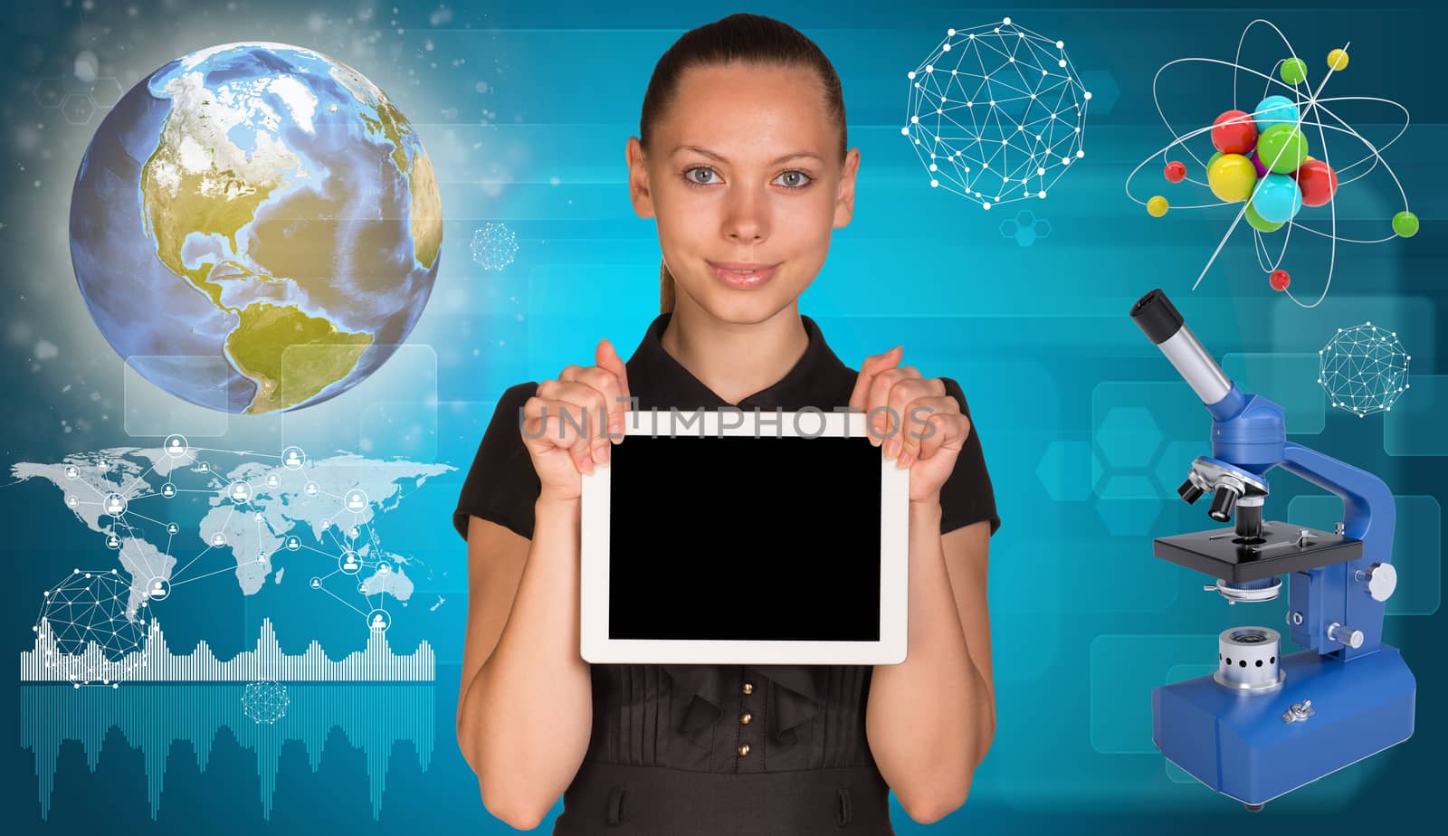 Beautiful businesswoman holding blank tablet PC. Atom model and microscope beside. Globe, world map with communication lines and geometric forms as backdrop.Elements of this image furnished by NASA 
