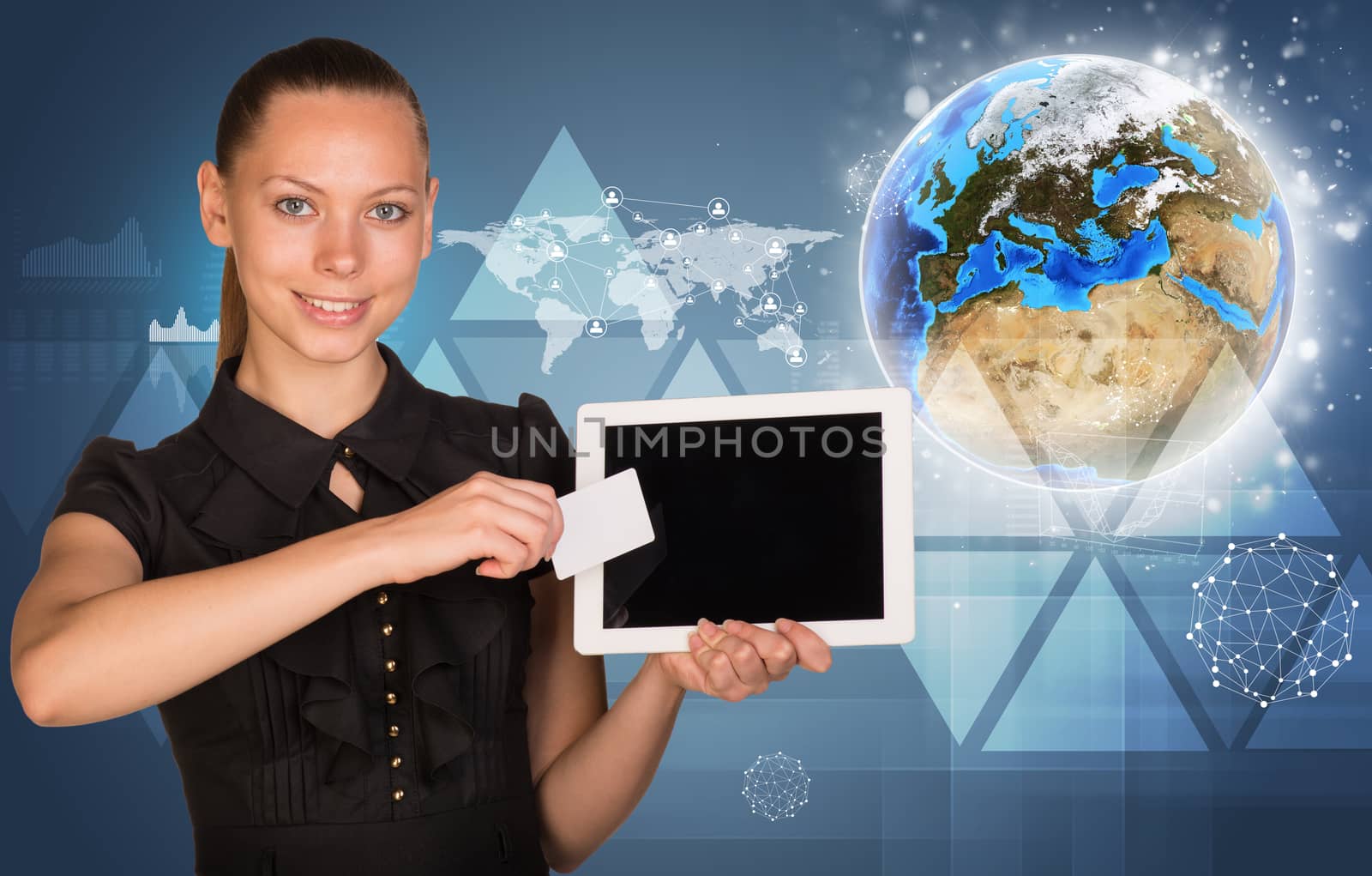 Beautiful businesswoman holding tablet PC. Globe, world map with other virtual elements as backdrop by cherezoff