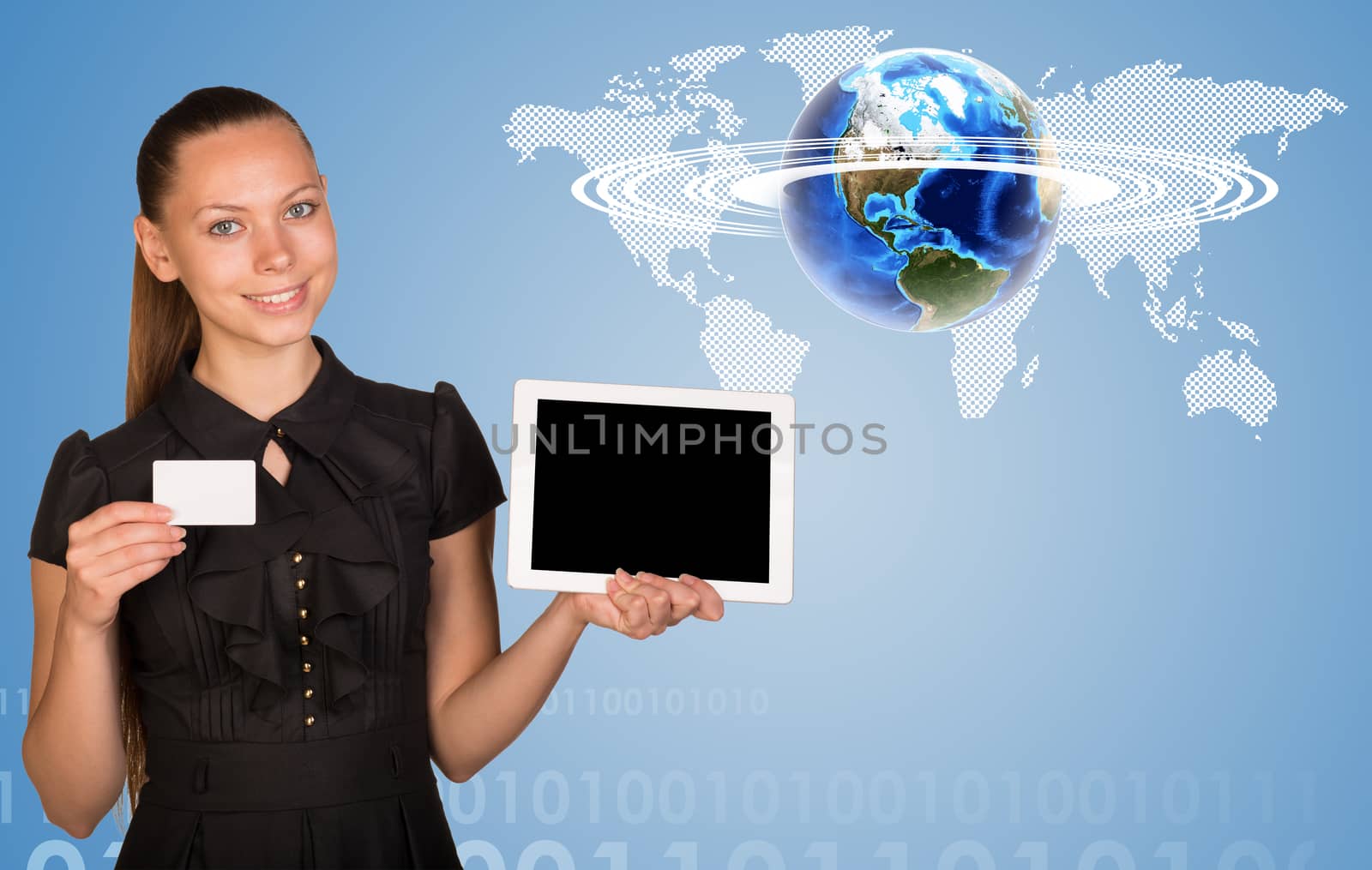 Beautiful businesswoman holding tablet PC. World map, figures and globe surrounded by horisontal rings as backdrop by cherezoff