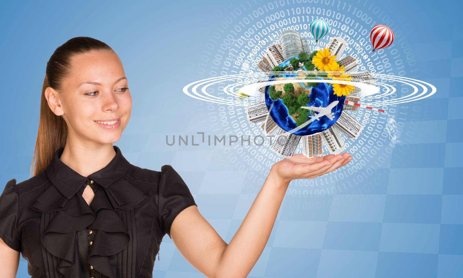 Beautiful businesswoman holding miniature Earth with trees, houses etc. on it by cherezoff