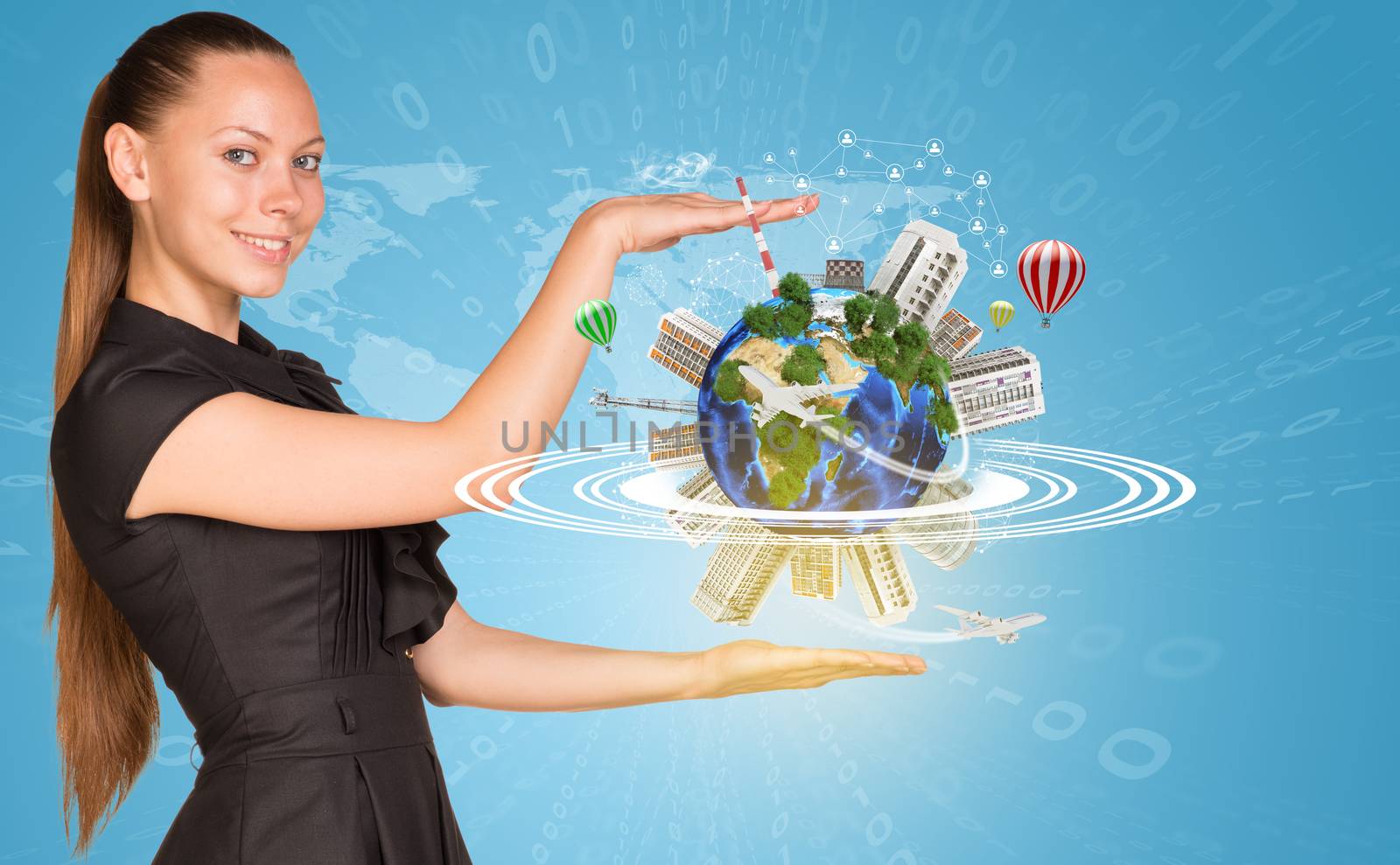 Beautiful businesswoman holding miniature Earth with trees, houses etc. on it by cherezoff