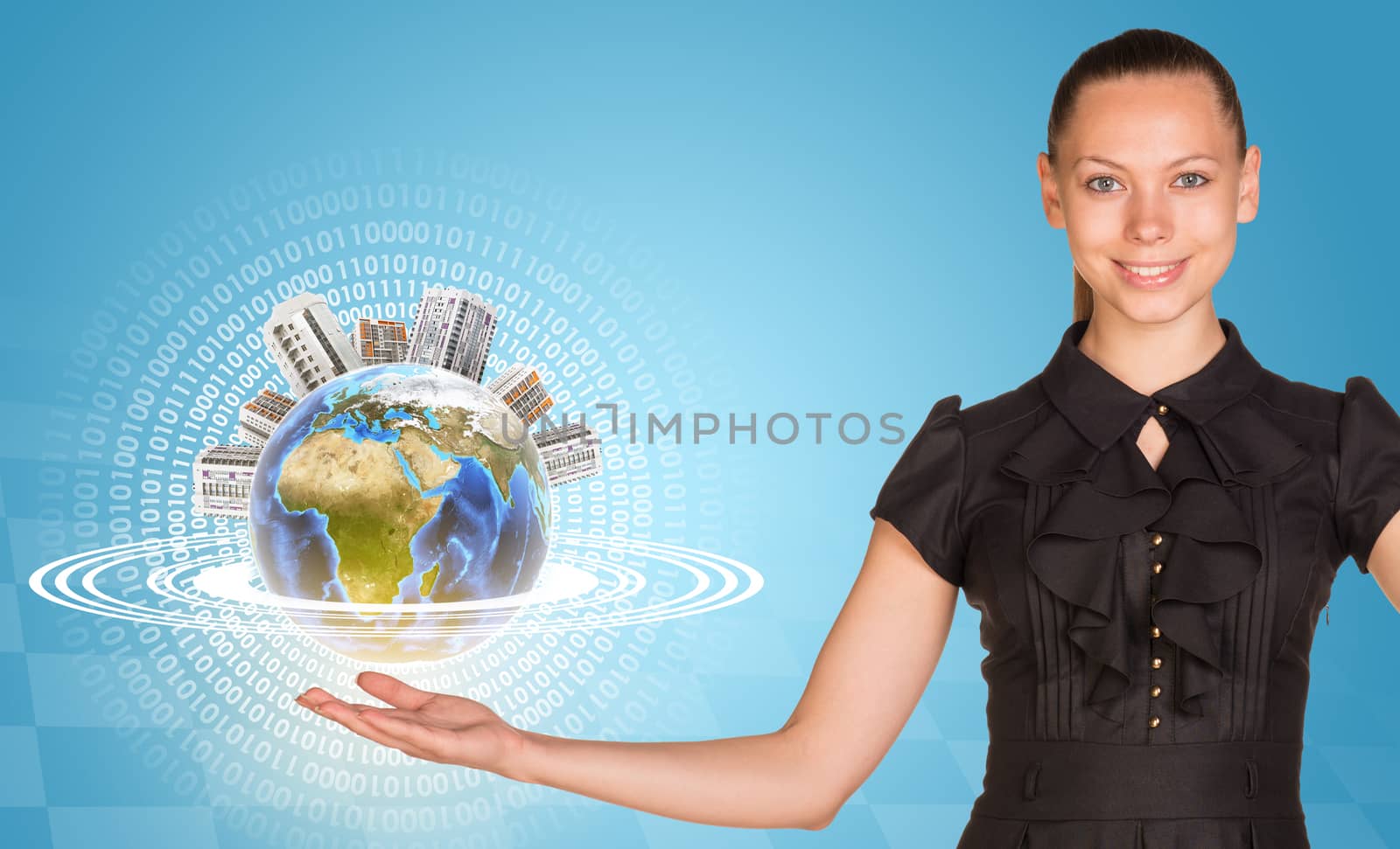 Beautiful businesswoman holding miniature Earth with houses on it and surrounded by rings, part of them composed of digits. Elements of this image furnished by NASA