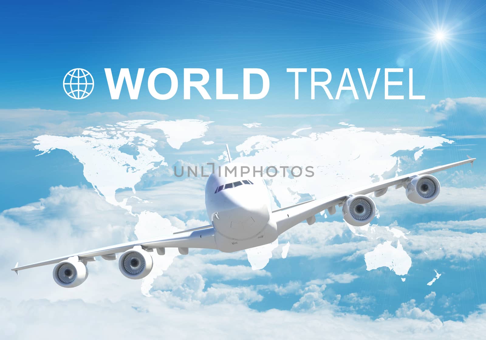 Contoured map of world continents, inscription World Travel and related symbol. Flying jet airliner on foreground, cloud layer and sky as backdrop