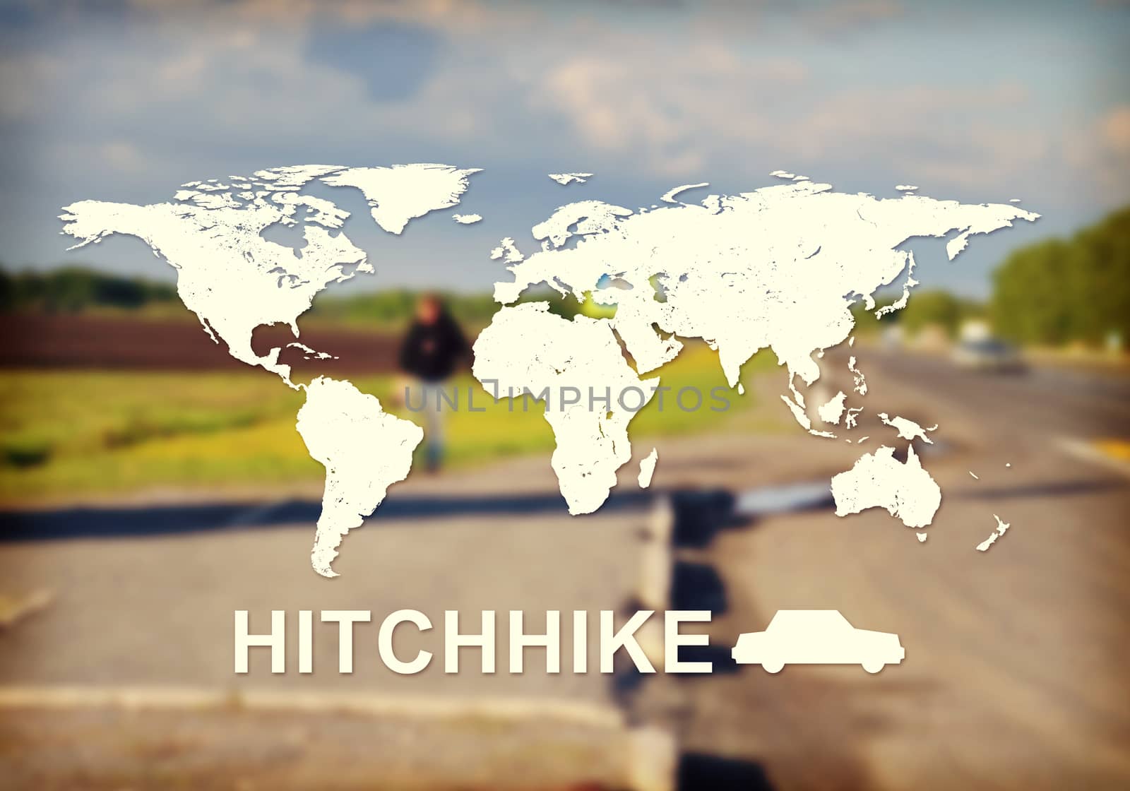 Contoured map of world continents with inscription Hitchhike and related symbol. Blurred photo of forked road with cars, trees and person by the side of the road as backdrop