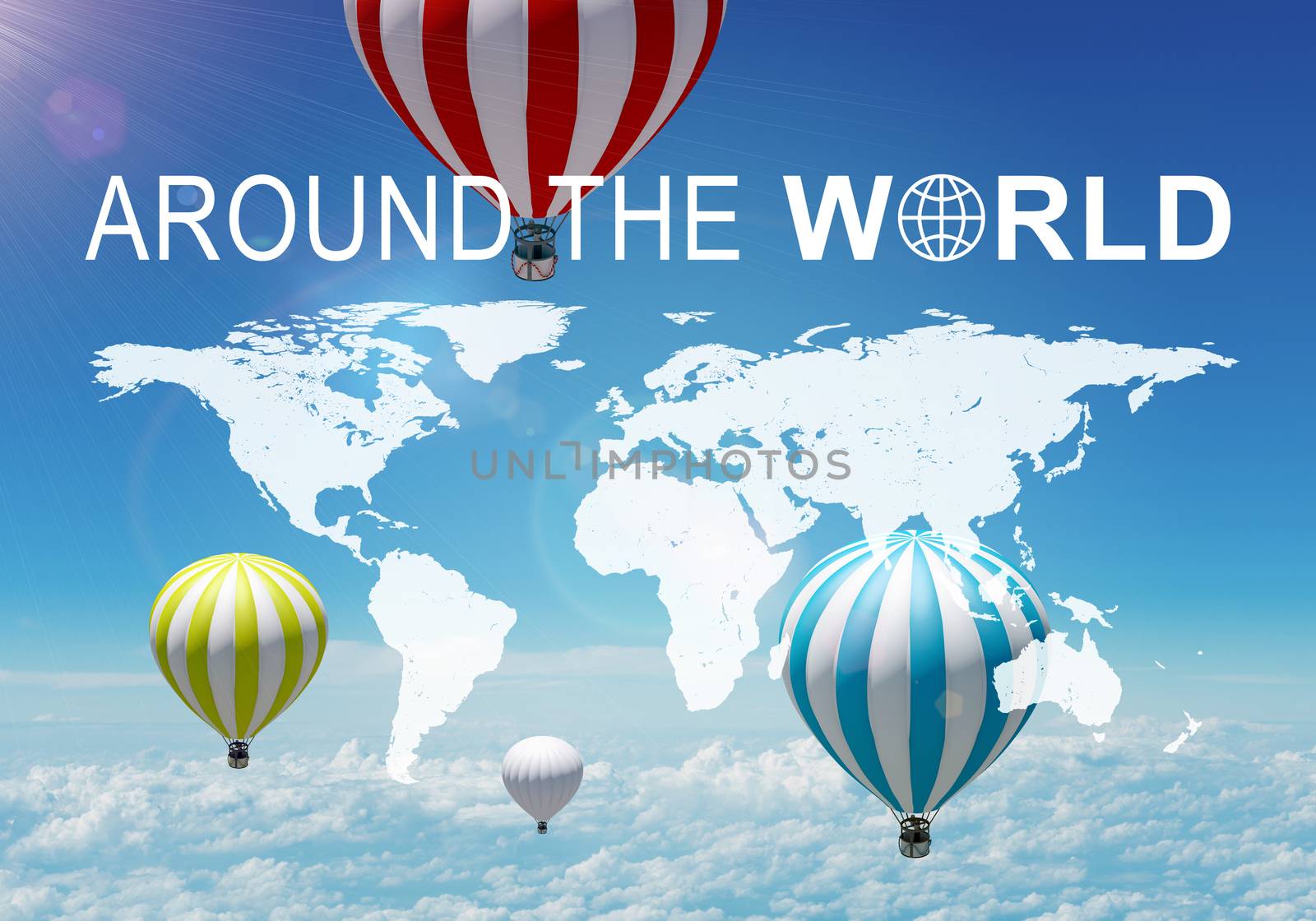 Contoured map of world continents with inscription Around The World and related symbol. Aerial view of a few air baloons, sky and cloud layer as backdrop