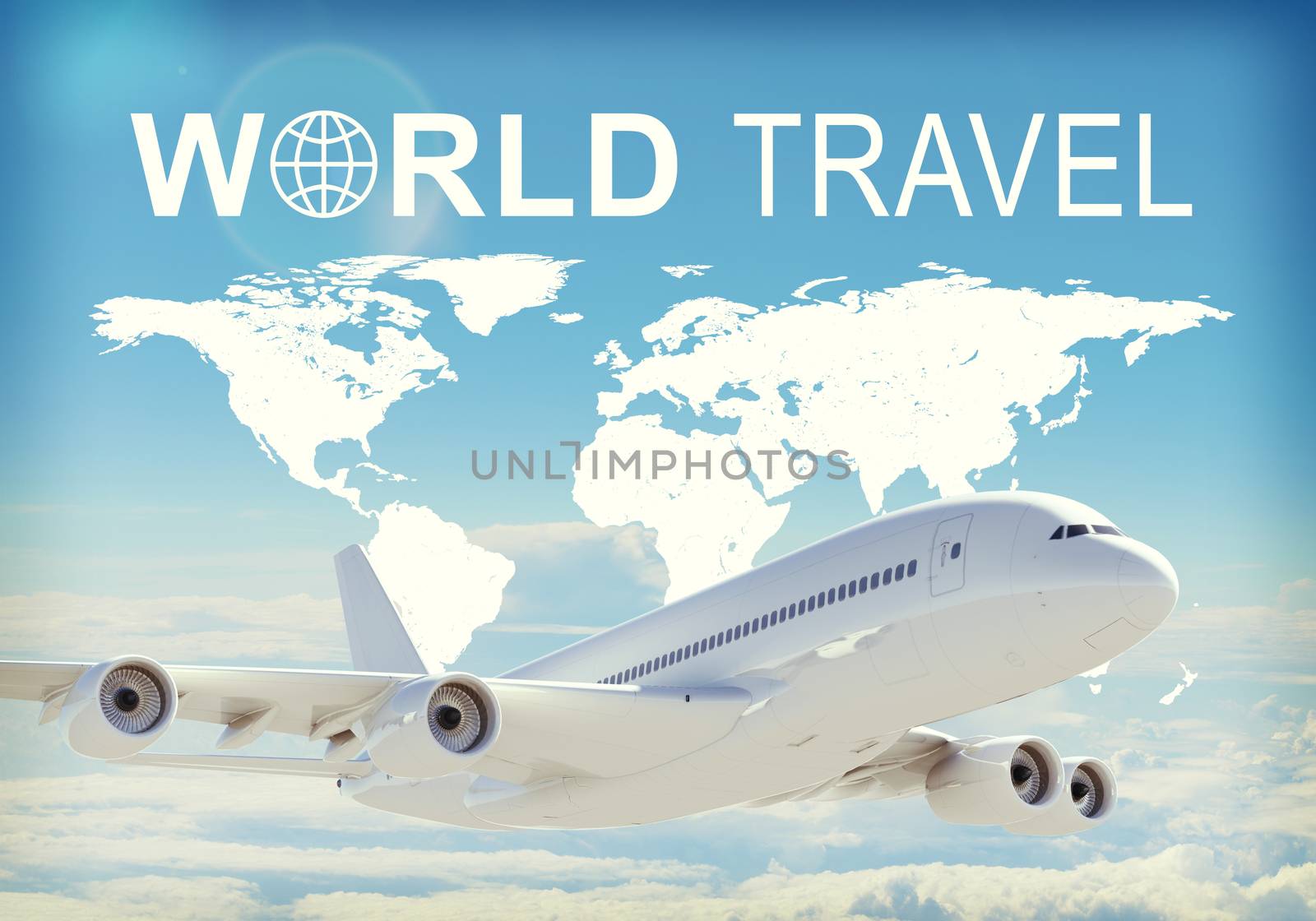 Contoured map of world continents with inscription World Travel and related symbol. Flying jet airliner on foreground, Earth surface, clouds and sky as backdrop.