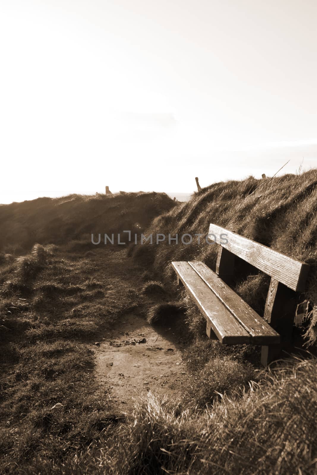 bench on a cliff edge at sunset in sepia by morrbyte