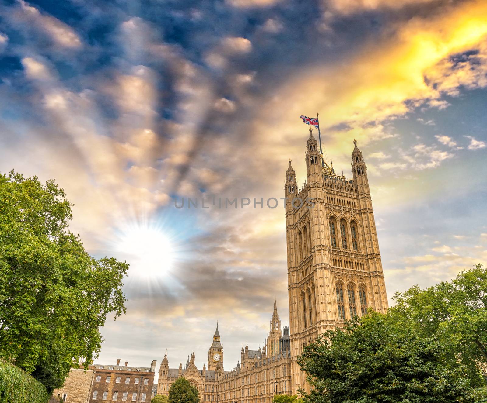 London, Westminster Palace surrounded by trees at dusk by jovannig