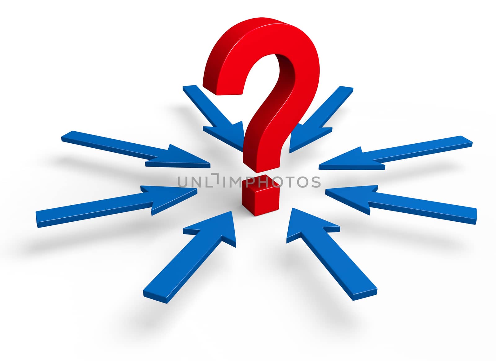 A large, red question mark stands in the center of a circle of eight blue arrows pointing towards it.  Isolated on white.
