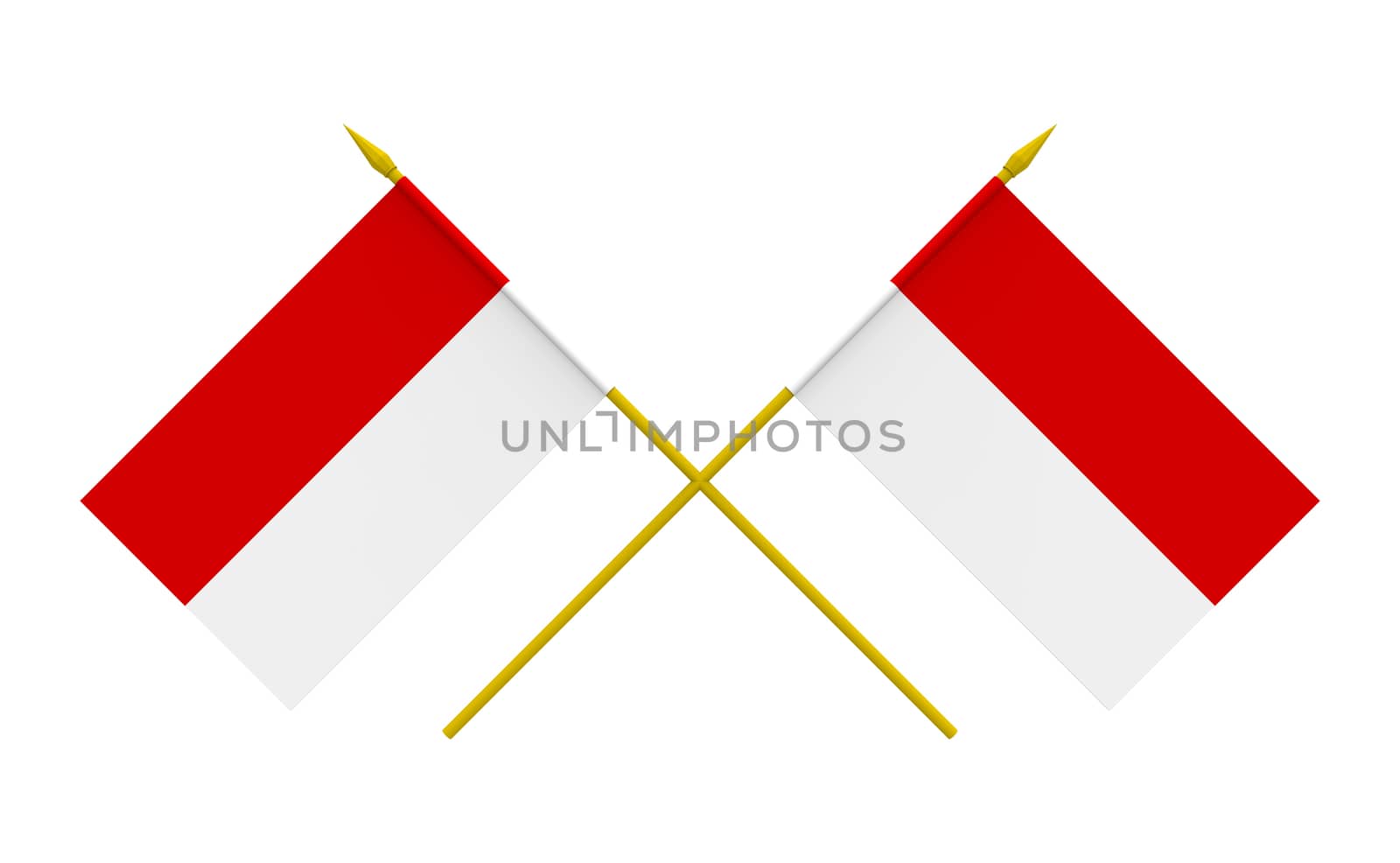 Two crossed flags of Indonesia, 3d render, isolated on white
