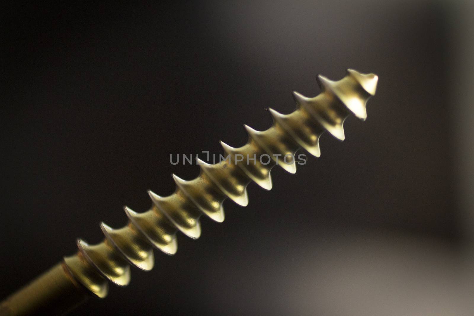 Traumatology orthopedic surgery implant titanium golden color screw in semi silhouette against plain black studio background. Close-up macro horizontal photograph. 