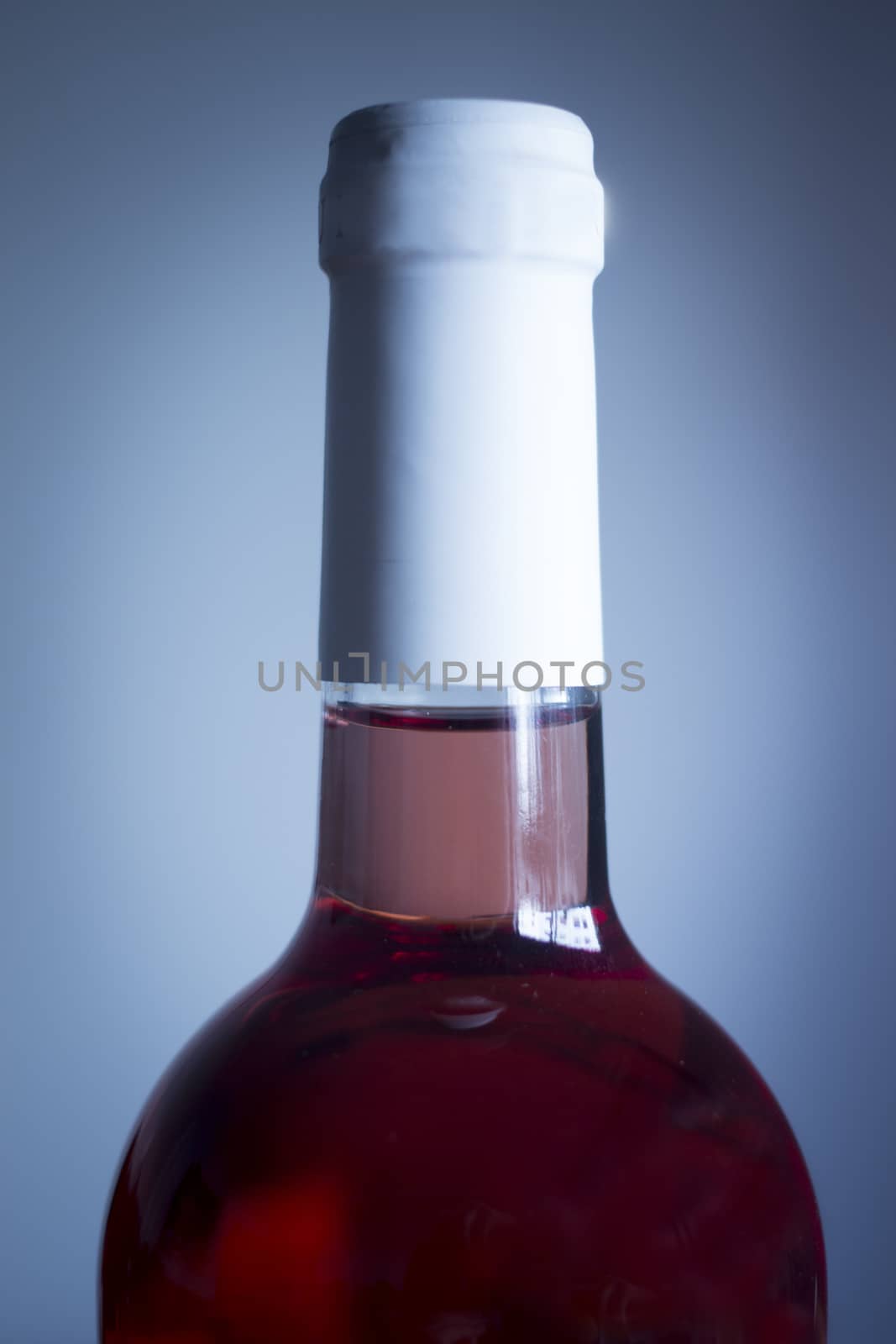 Rose wine bottle studio isolated close-up on plain blue background color photo.