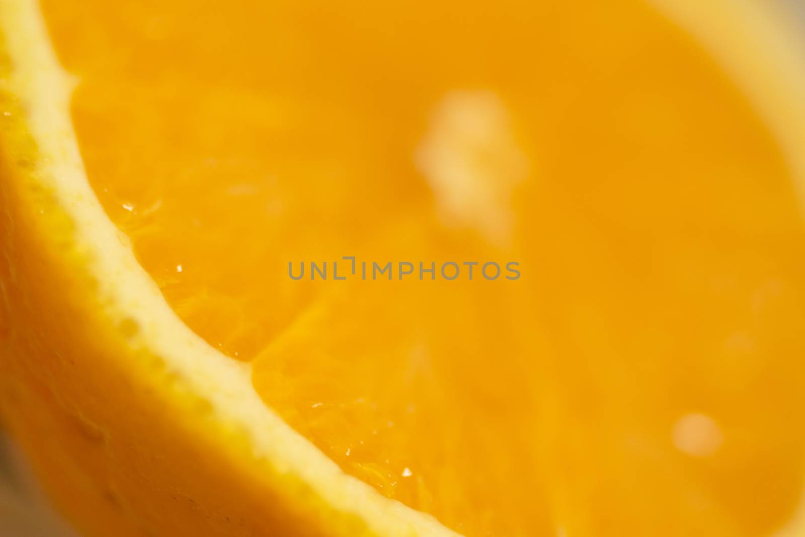 Closeup macro photo of Spanish Valencian orange cut in half. 