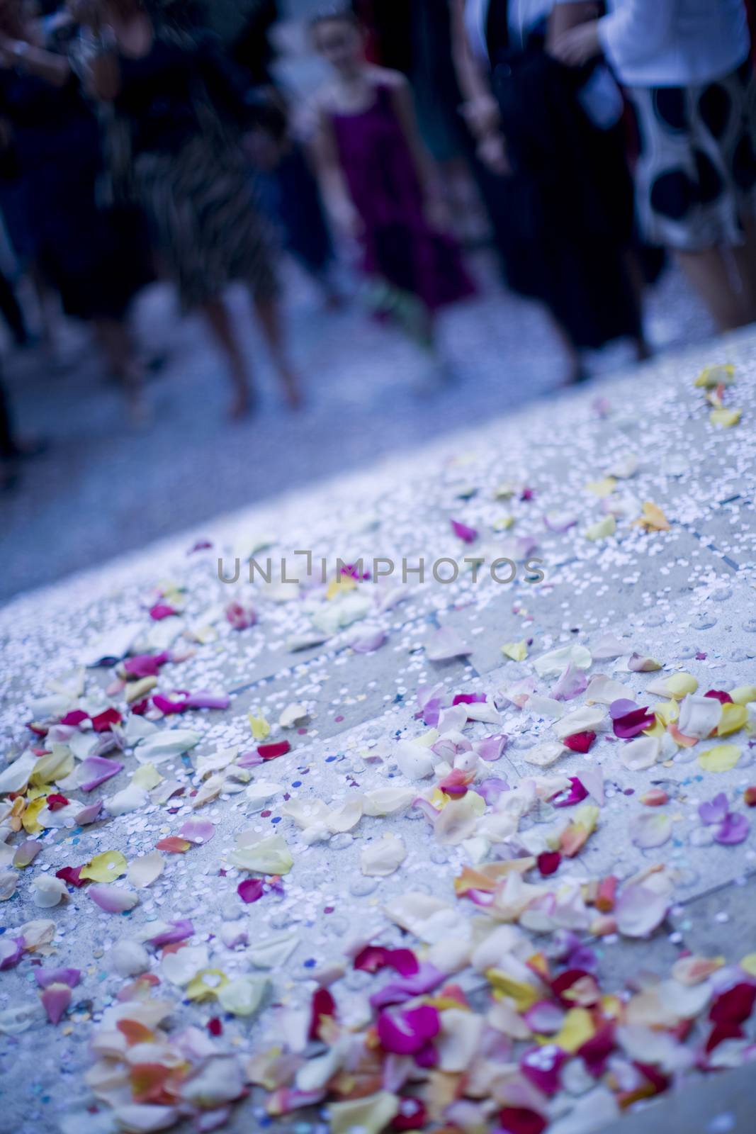 Color artistic digital rectangular vertical photo of Wedding confetti on ground after marriage ceremony outside church in Barcelona Spain. Shallow depth of with background out of focus. 