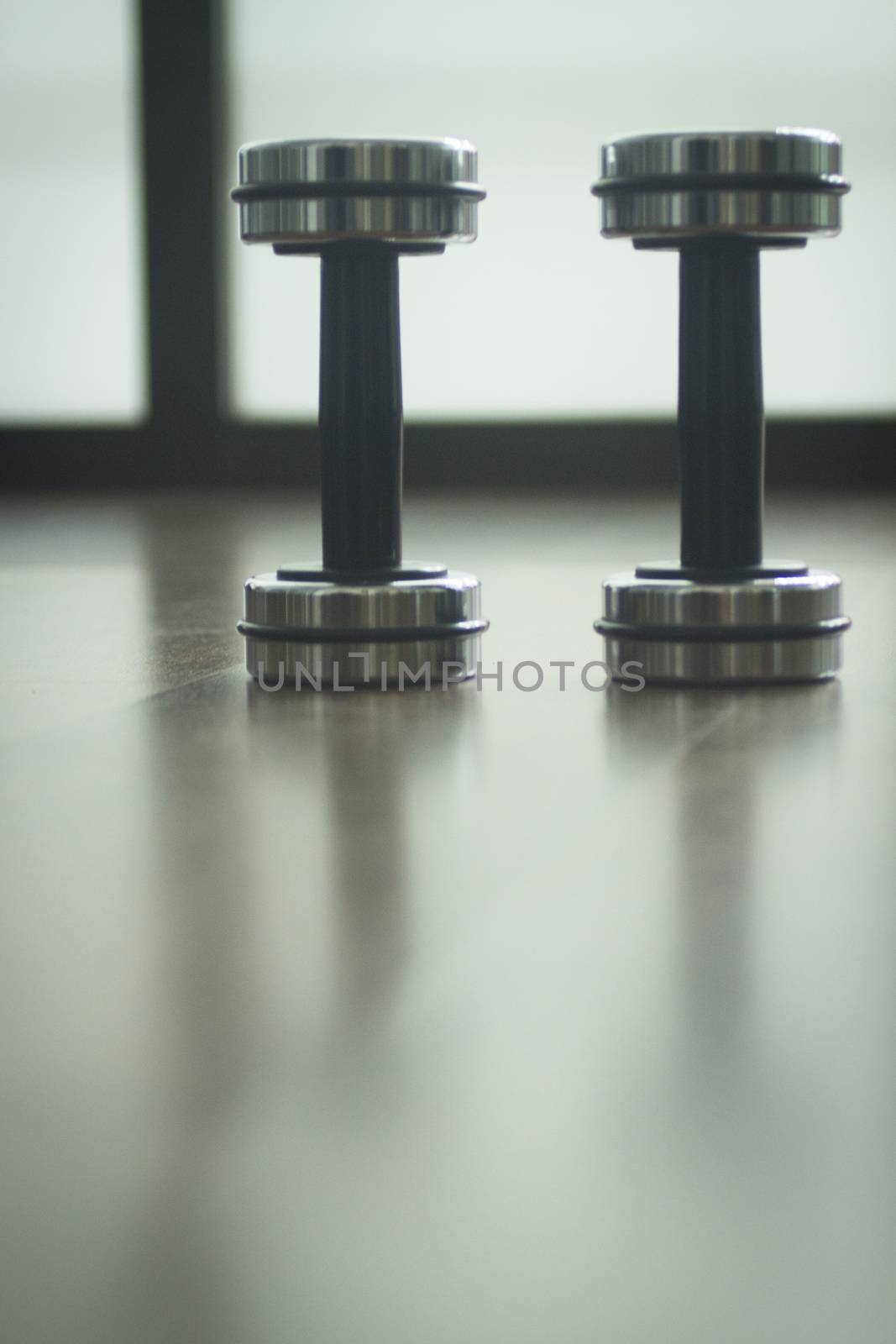 Dumbbell gym metal weights on wooden floor in exercise room in gym health club.